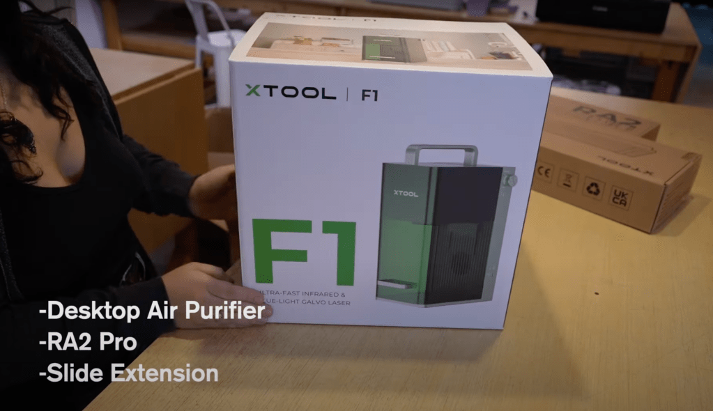 xTool F1 still in box plus accessories ordered with it such as the Desktop Air Purifier, RA2 Pro and Slide Extension.